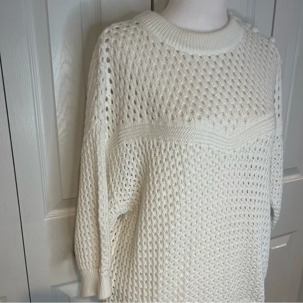 J Crew, White Sweater with Intricate Open-Weave Design and large buttons, Size M